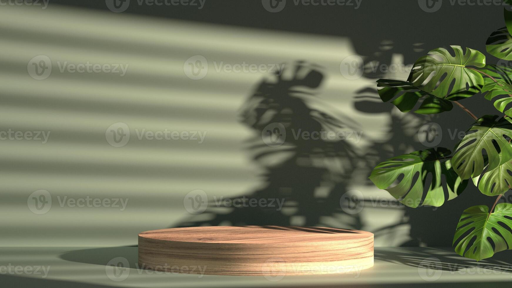 3D empty wooden stand display with tropical plant, minimal podium and natural sunlight from window, photo