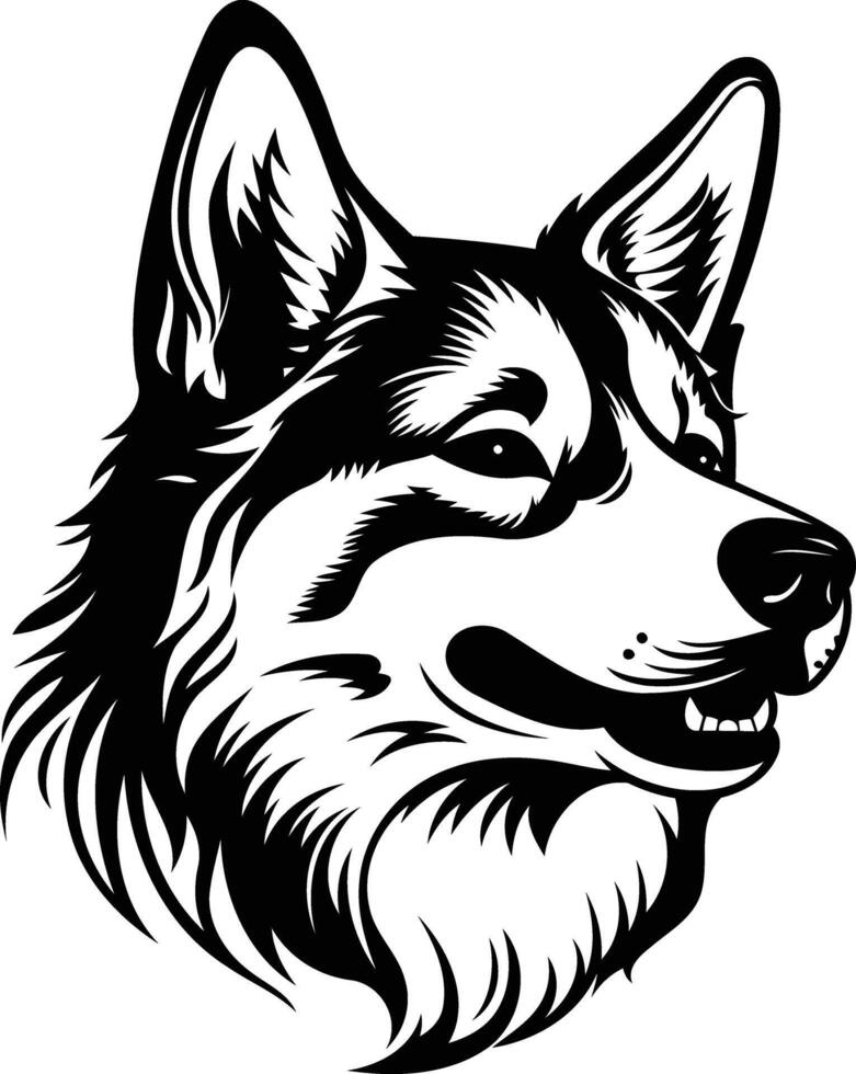 Black and white illustration of a husky dog head, in a stylized, graphic style vector