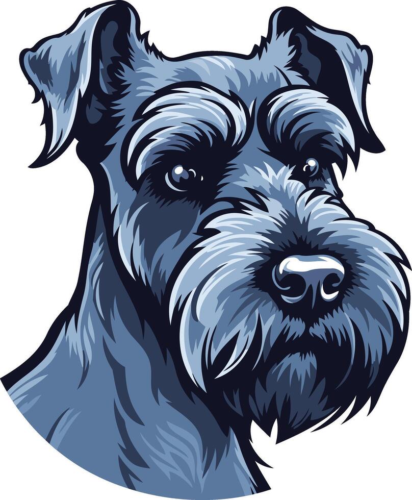 A detailed illustration of a miniature schnauzer's head, rendered in cool blue tones vector