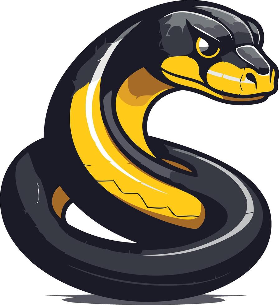 A striking cartoon illustration of a black snake with a yellow stripe, coiled in a defensive position vector