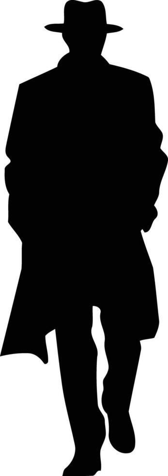 A dramatic silhouette of a man in a trench coat and fedora, walking with purpose vector