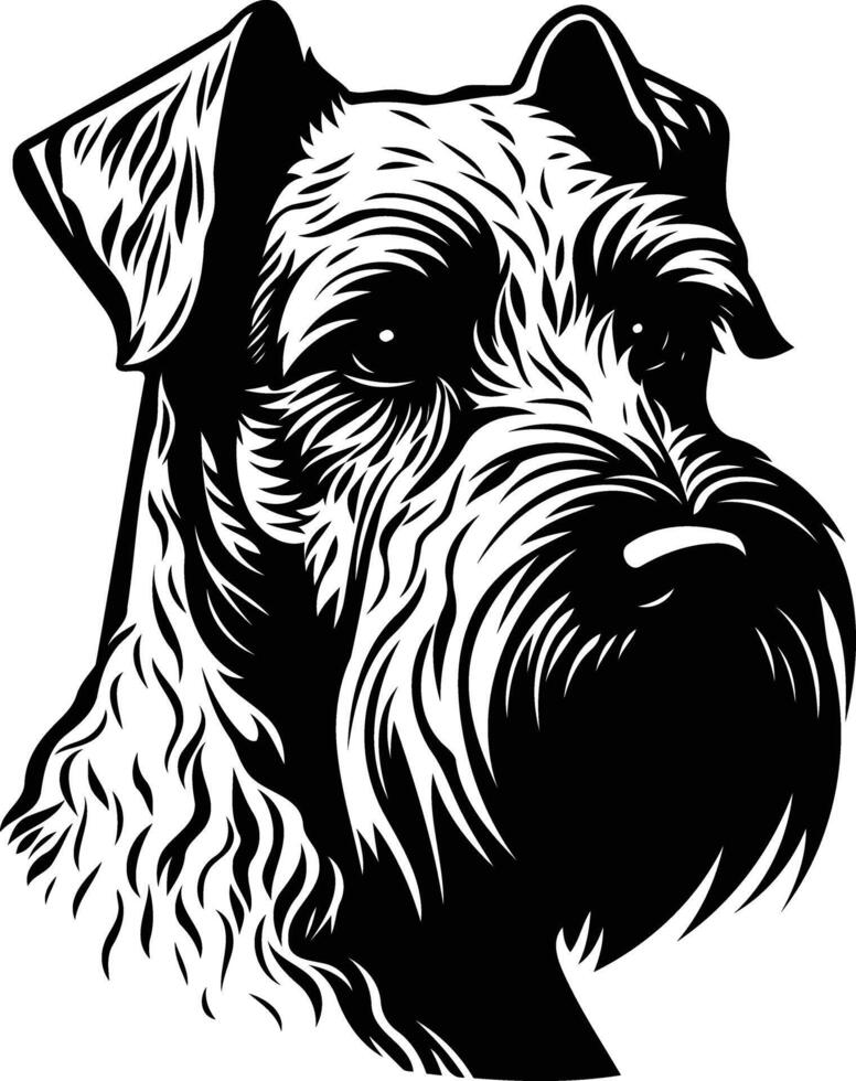 A striking black and white illustration of a miniature schnauzer's head, showcasing its distinctive facial features and textured fur vector