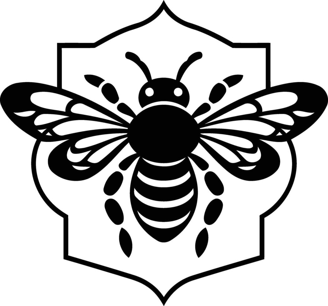 Black and white illustration of a stylized bee in a decorative frame vector