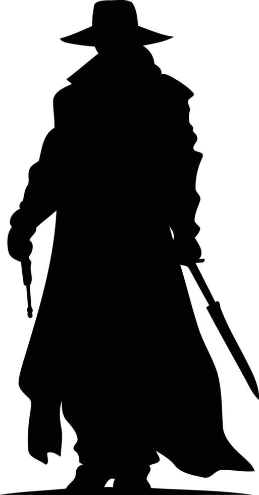 Mysterious silhouette of a man in a long coat and hat, holding a weapon vector