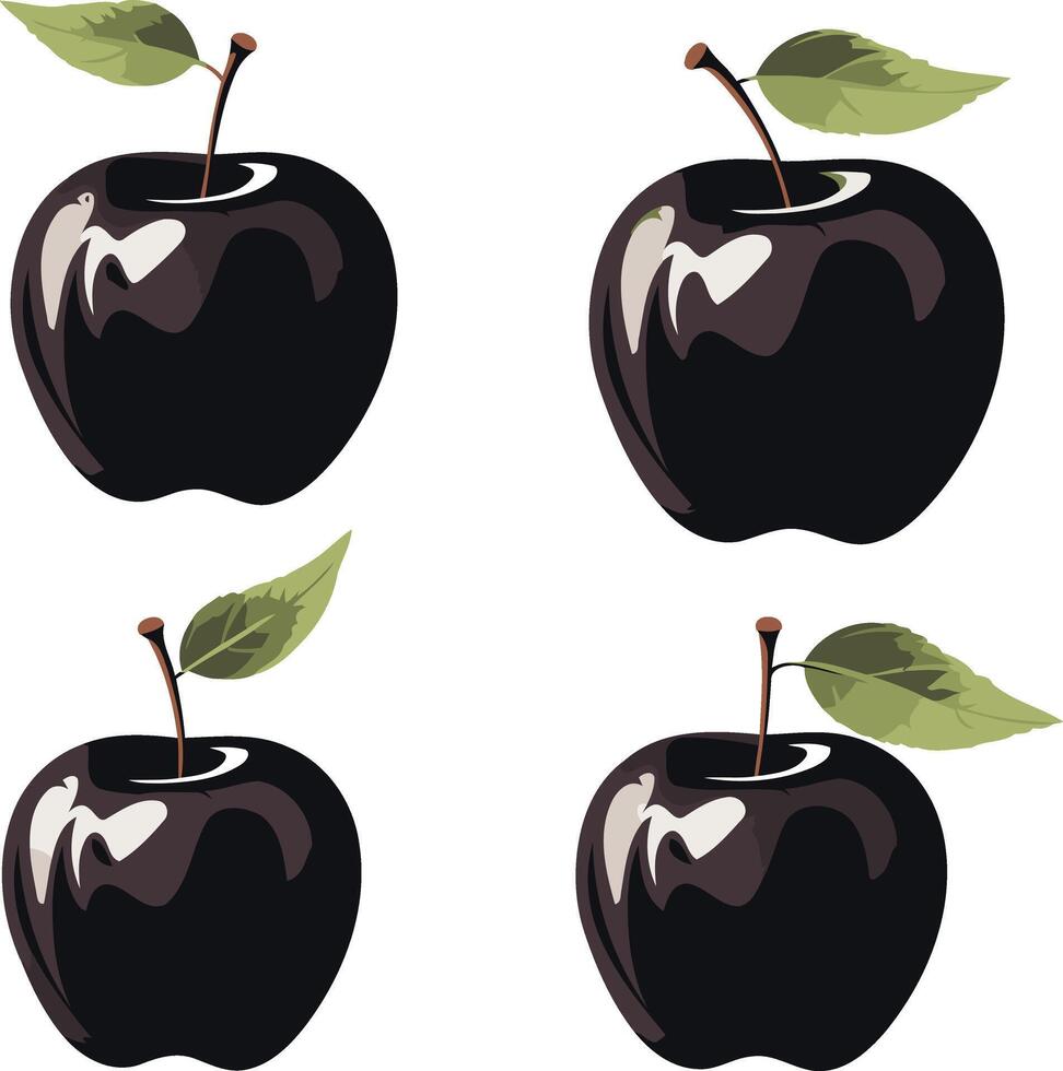 Four Glossy Black Apples on White Background vector