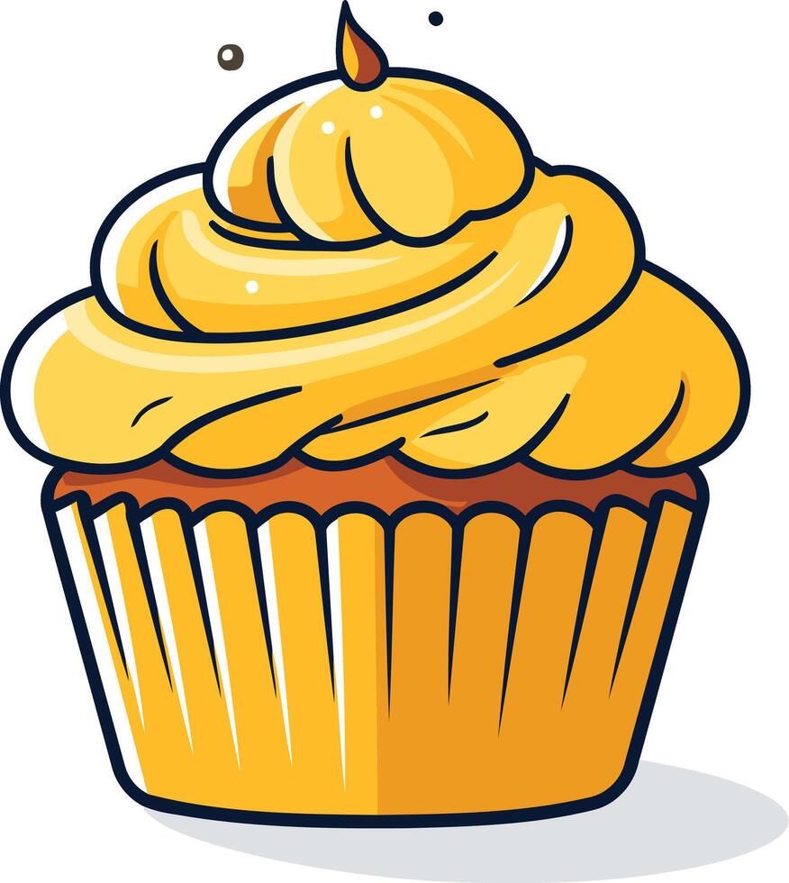 A cartoon illustration of a yellow cupcake with swirl frosting, perfect for adding a touch of sweetness to your designs vector