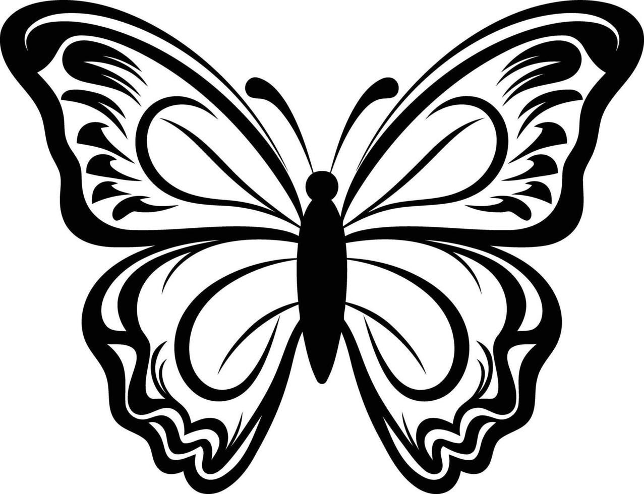 Simple black and white illustration of a butterfly silhouette with detailed wings vector