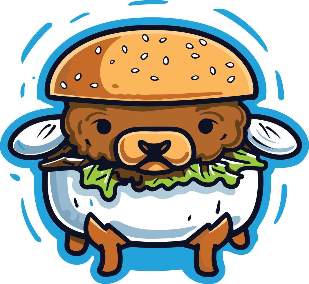 Cute cartoon bear dressed as a burger with sesame seed bun, lettuce, and pickles vector