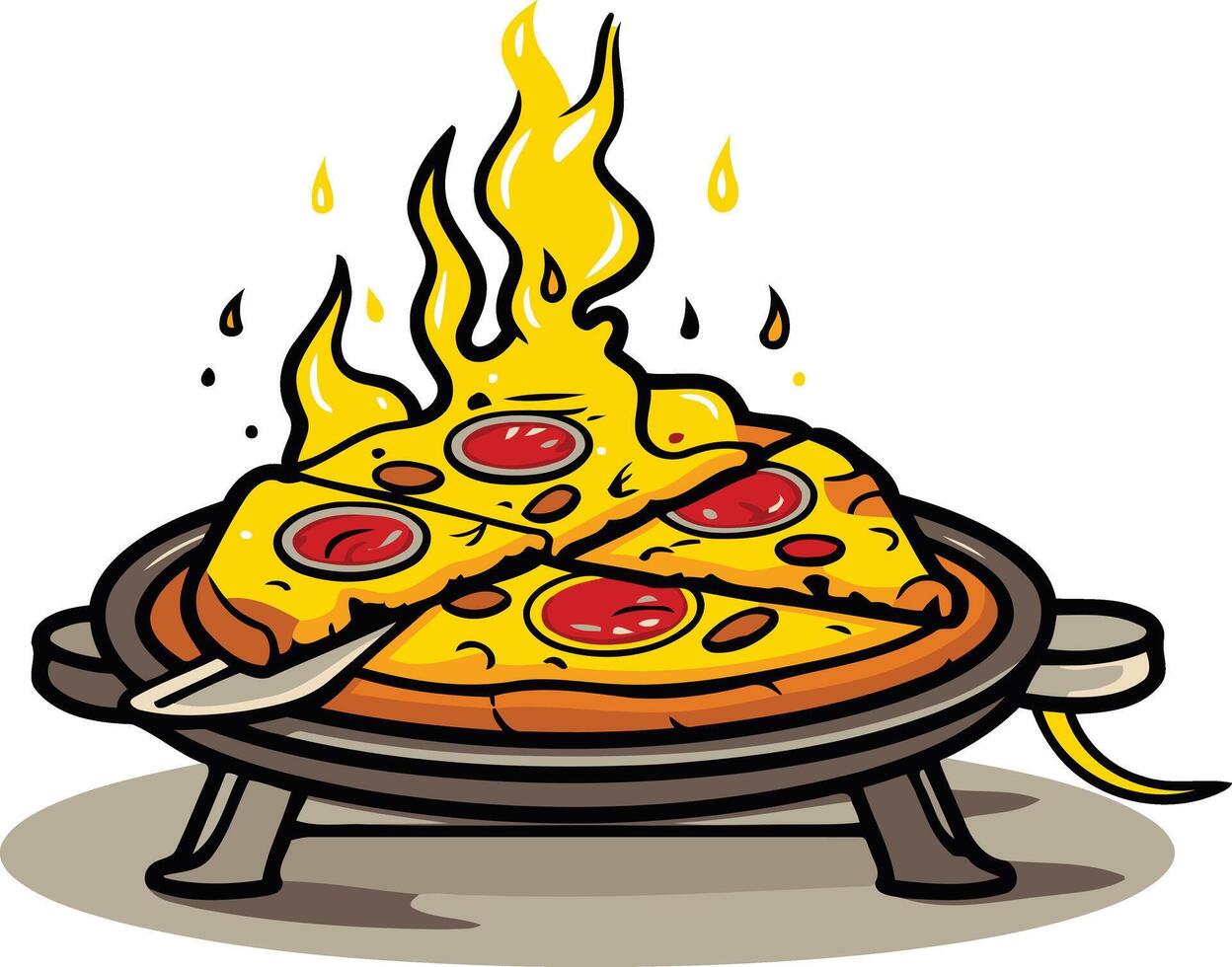 A cartoon pizza with molten cheese erupting from its center, sitting on a hot pan vector