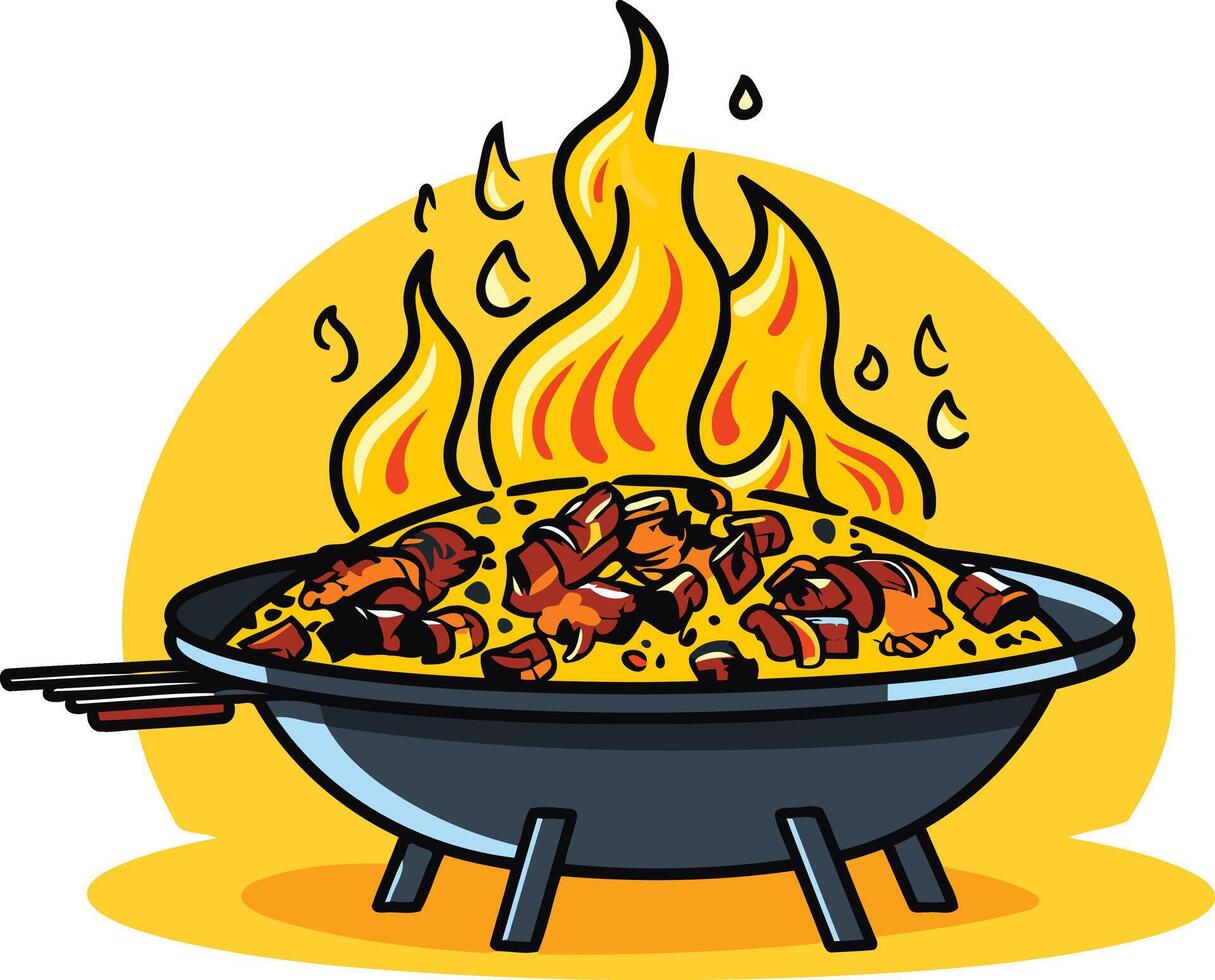 Cartoon illustration of a paella pan on a grill with flames underneath and a yellow background vector