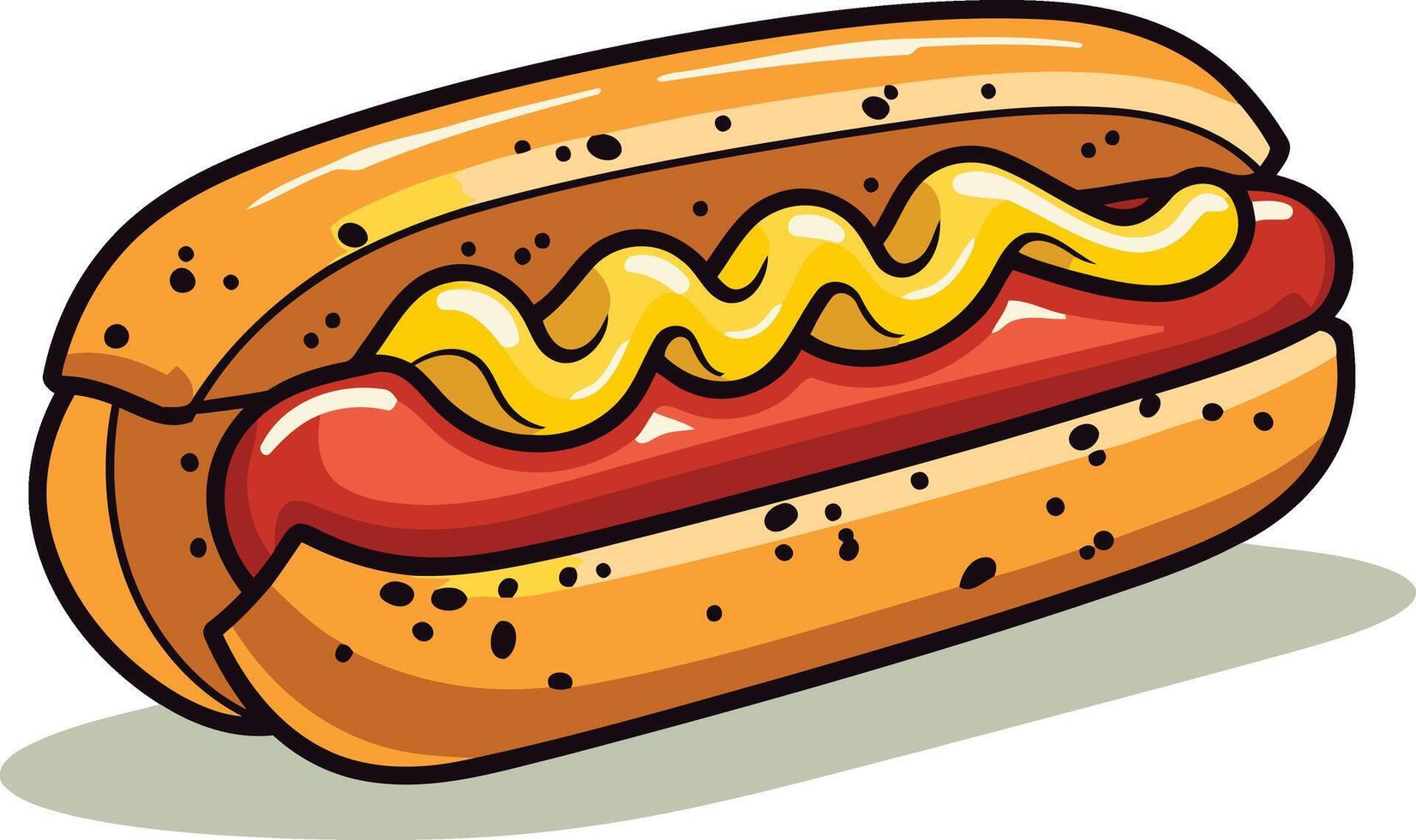 A cartoon hot dog with mustard and ketchup, perfect for menus, food blogs, and social media posts vector