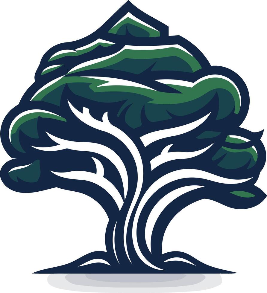 Stylized green tree logo with dark blue outline and white accents vector