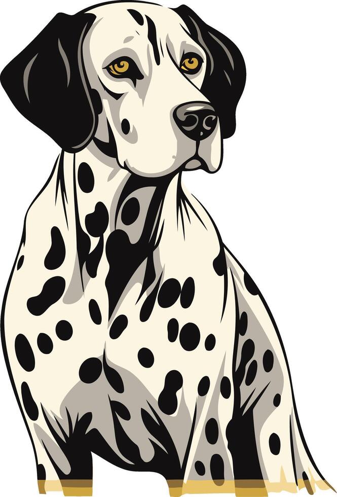 A playful dalmatian with a friendly expression sits in a cartoon style vector