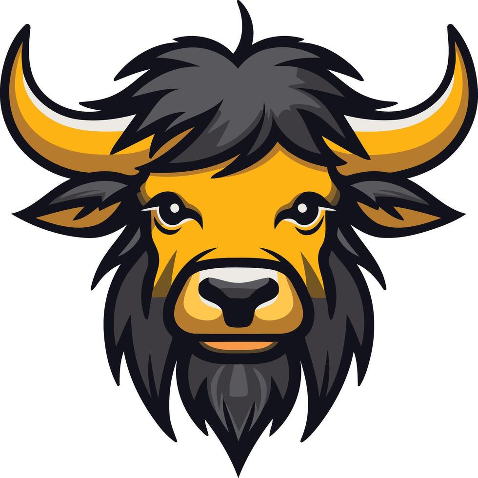 Cartoon bull mascot head with yellow fur and black horns vector