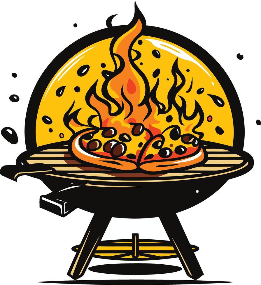 A cartoon illustration of a pizza cooking on a grill, with flames rising up around it vector