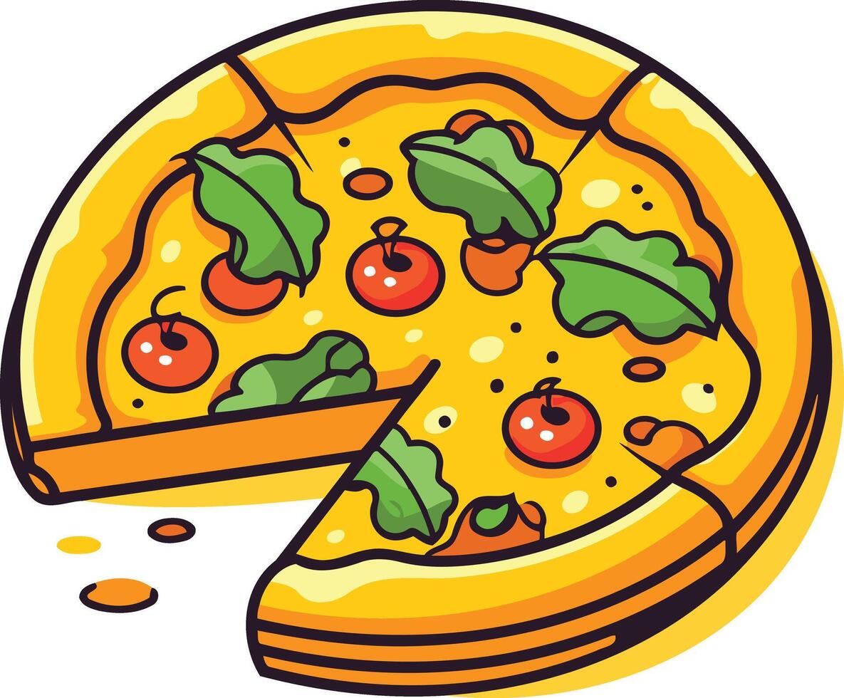 A cheerful cartoon pizza with a slice removed, perfect for menus, websites, and social media posts vector