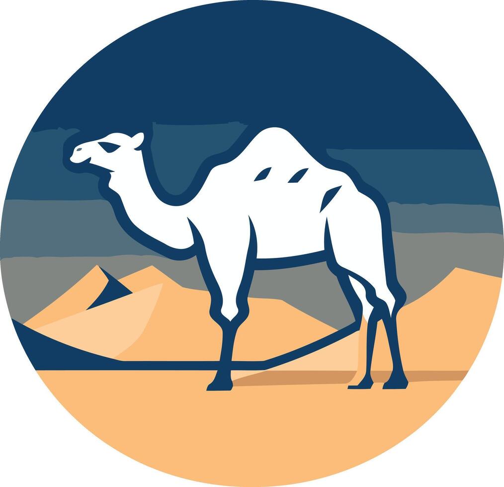 A stylized camel silhouette stands proudly against a desert landscape, perfect for travel, tourism, or wildlife branding vector