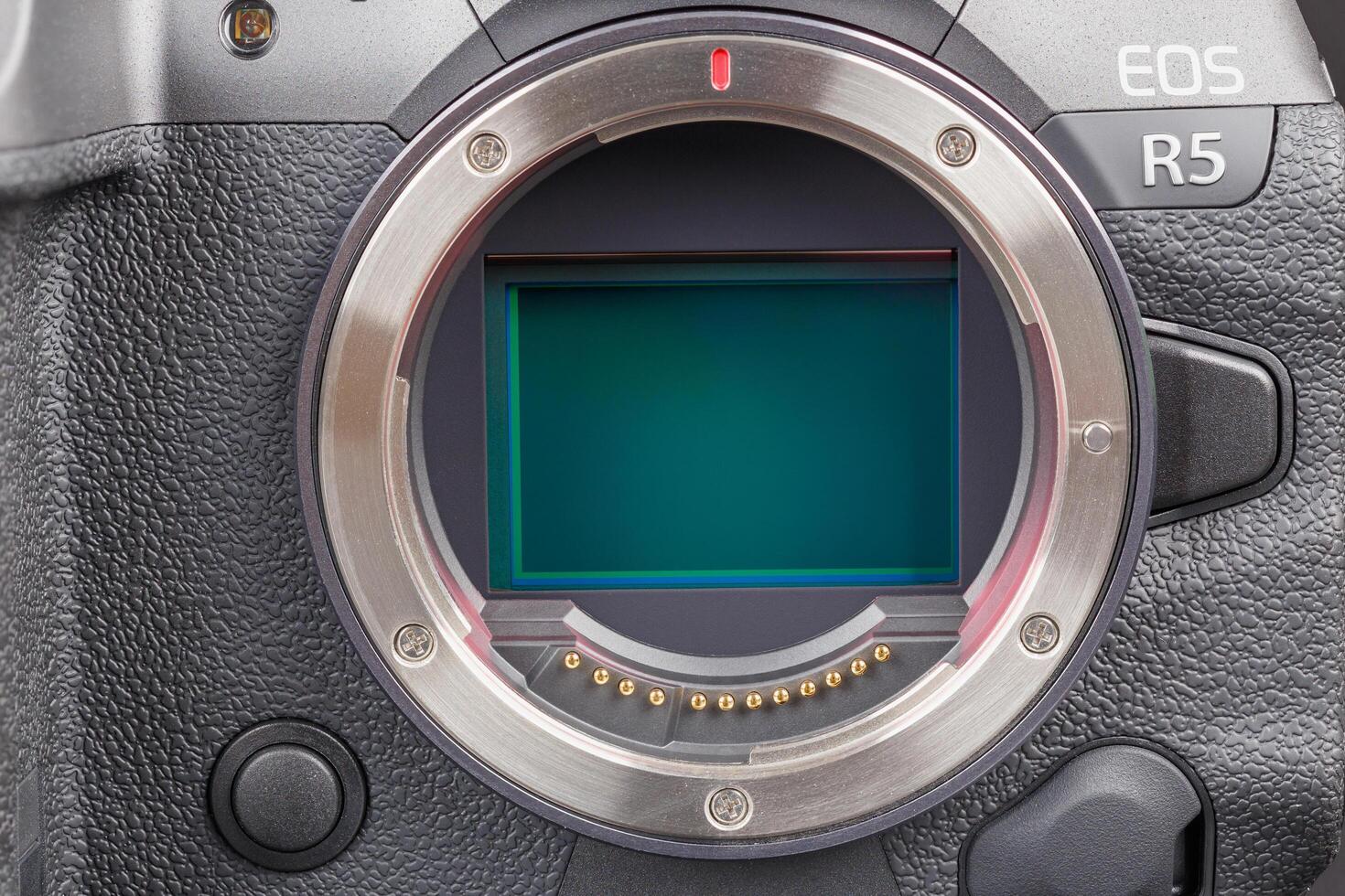 Canon R5 body with exposed sensor full-frame closeup view photo
