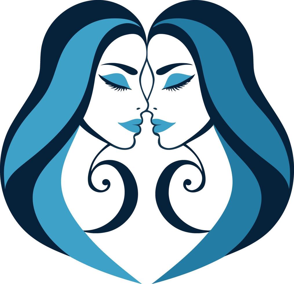 Stylized illustration of two female faces, mirroring each other, with flowing blue hair and decorative swirls vector