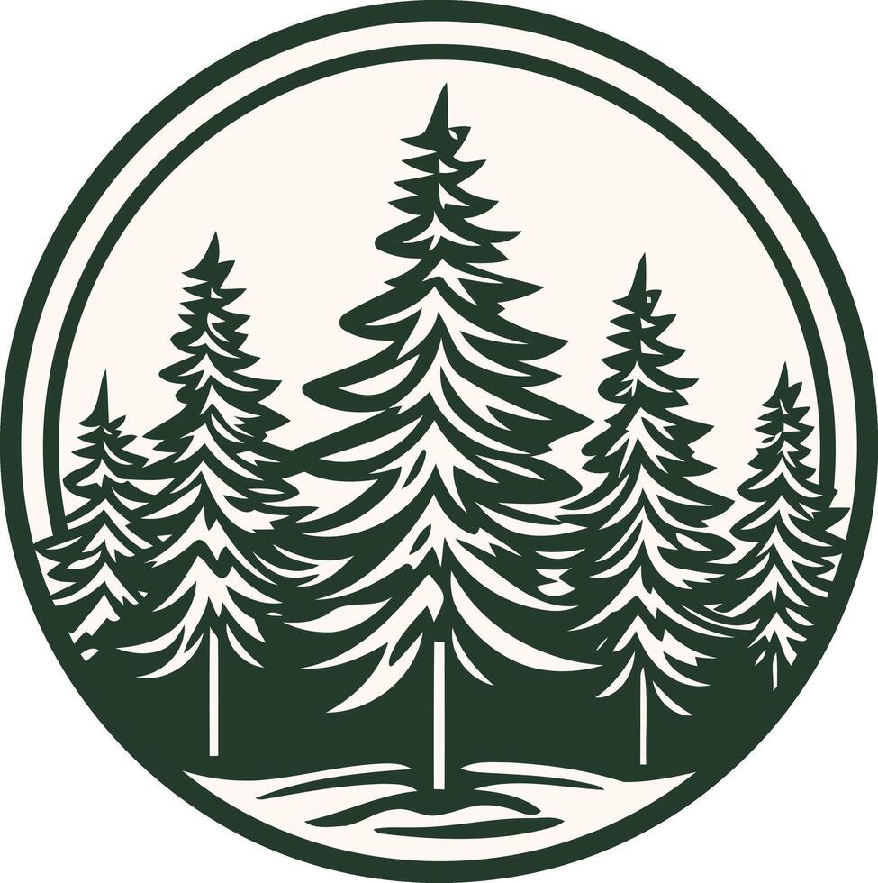 A classic, circular logo featuring a cluster of stylized pine trees in a green and white color scheme vector