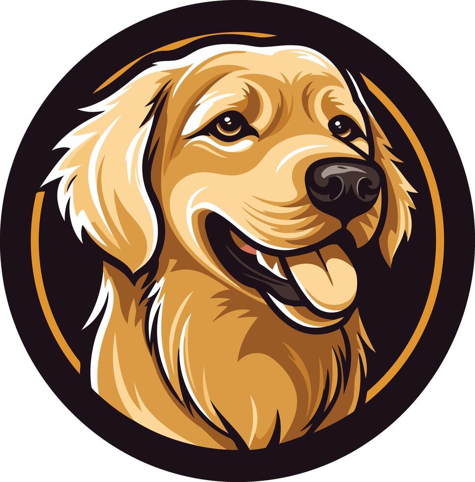 A friendly golden retriever smiles with its tongue out, set against a black circle with a golden border vector