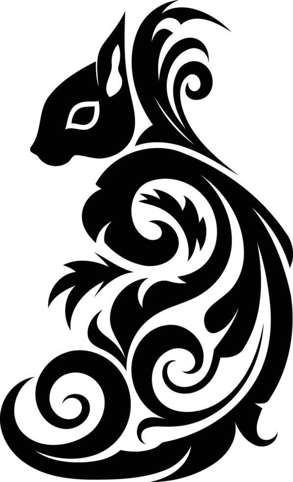 A stylized black and white squirrel design with intricate floral patterns vector
