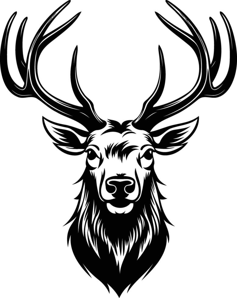 A majestic black and white illustration of a deer head, featuring intricate antlers and a detailed face vector