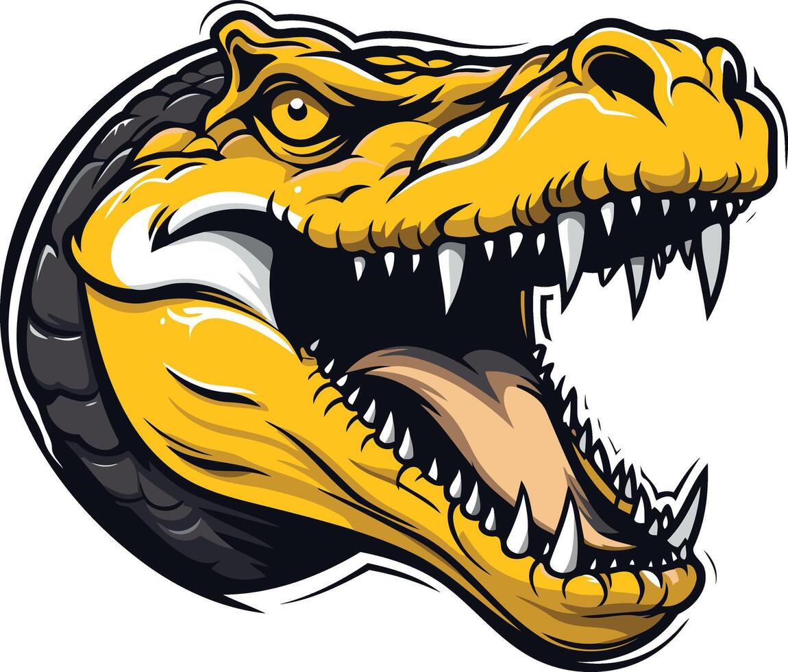 Fierce and dynamic illustration of a t rex head with open jaw, showcasing sharp teeth and a menacing expression vector