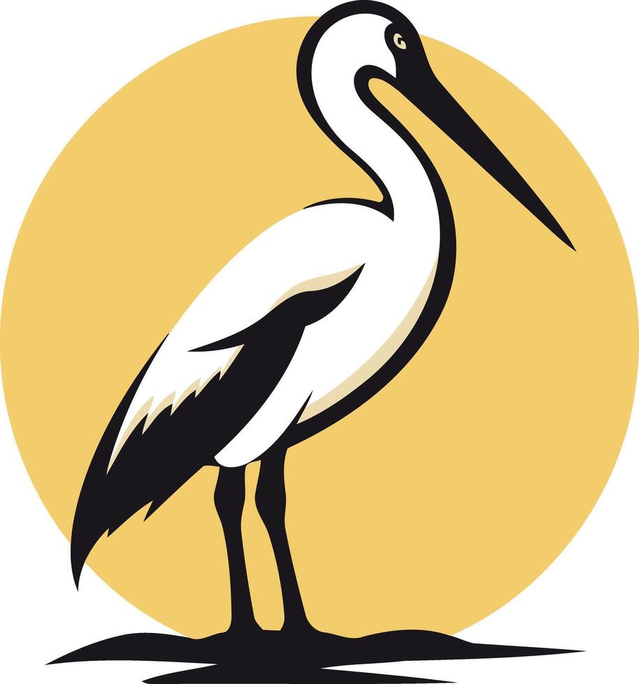 A bold and stylized illustration of a stork, standing on one leg against a yellow sun like background vector