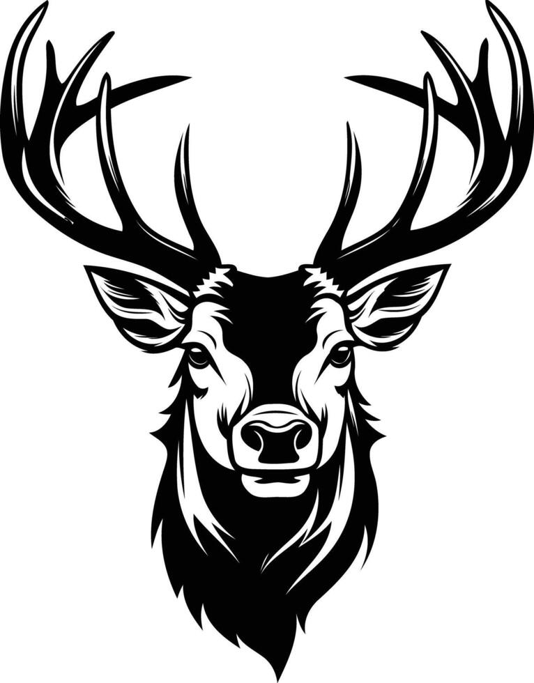 A powerful black and white illustration of a deer's head with majestic antlers vector