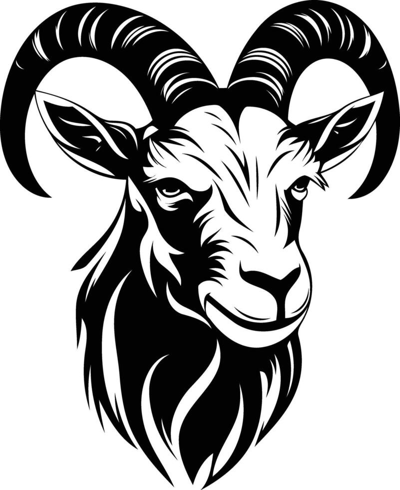 Black and white element illustration of a ram's head with curled horns vector