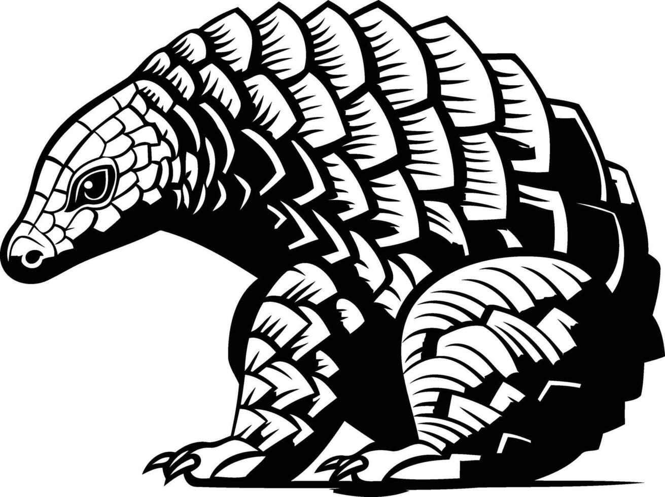 Black and white illustration of a pangolin in a sitting position, with detailed scales vector