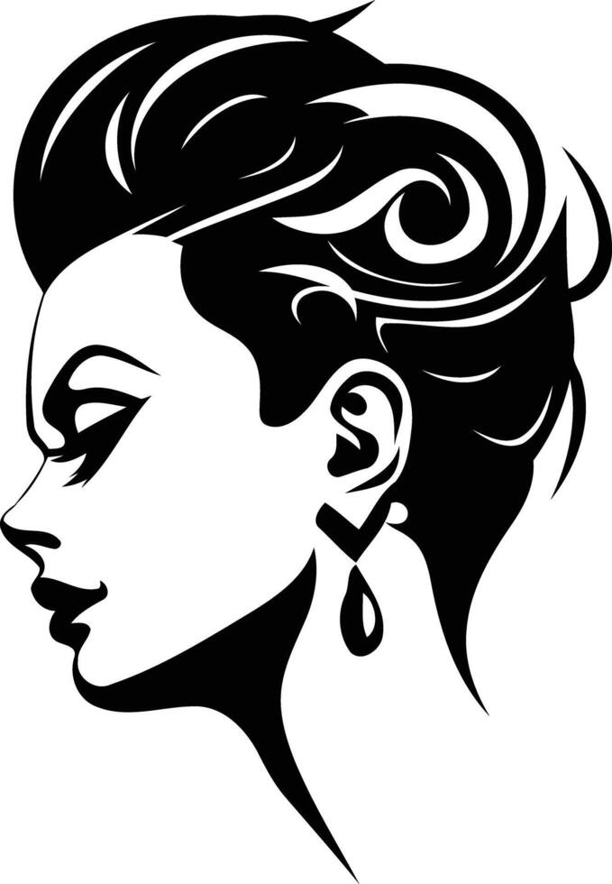 Stylish black and white illustration of a woman's face in profile, featuring an intricate hairstyle and a single earring vector