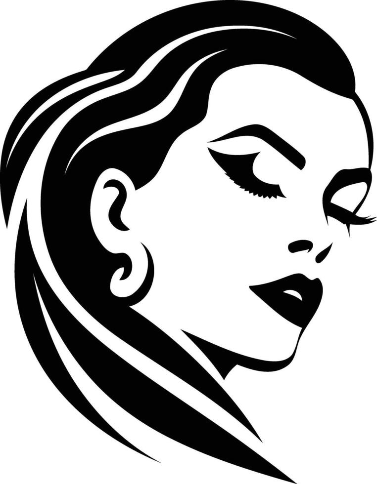 Stylish black and white illustration of a woman's face with long flowing hair vector