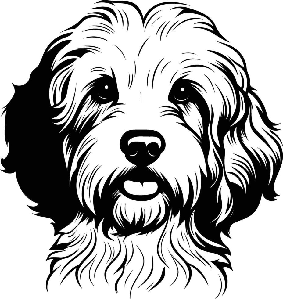 A striking black and white illustration of a friendly doodle dog, perfect for pet-related designs, cards, and social media content vector