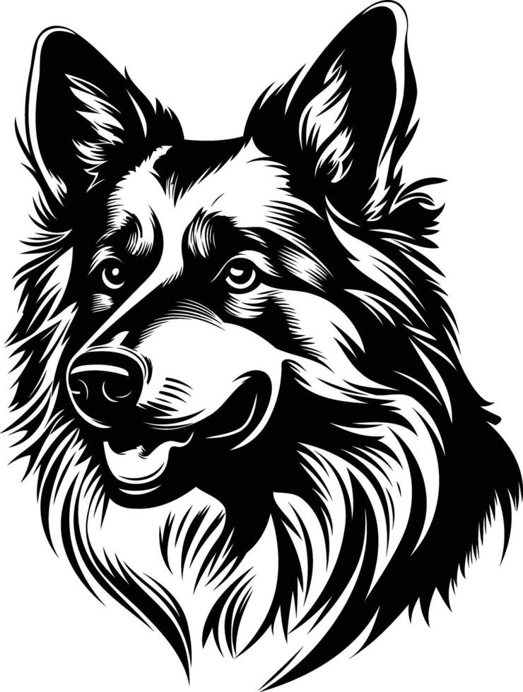 A striking black and white illustration of a german shepherd's head, perfect for creating a bold tattoo design vector