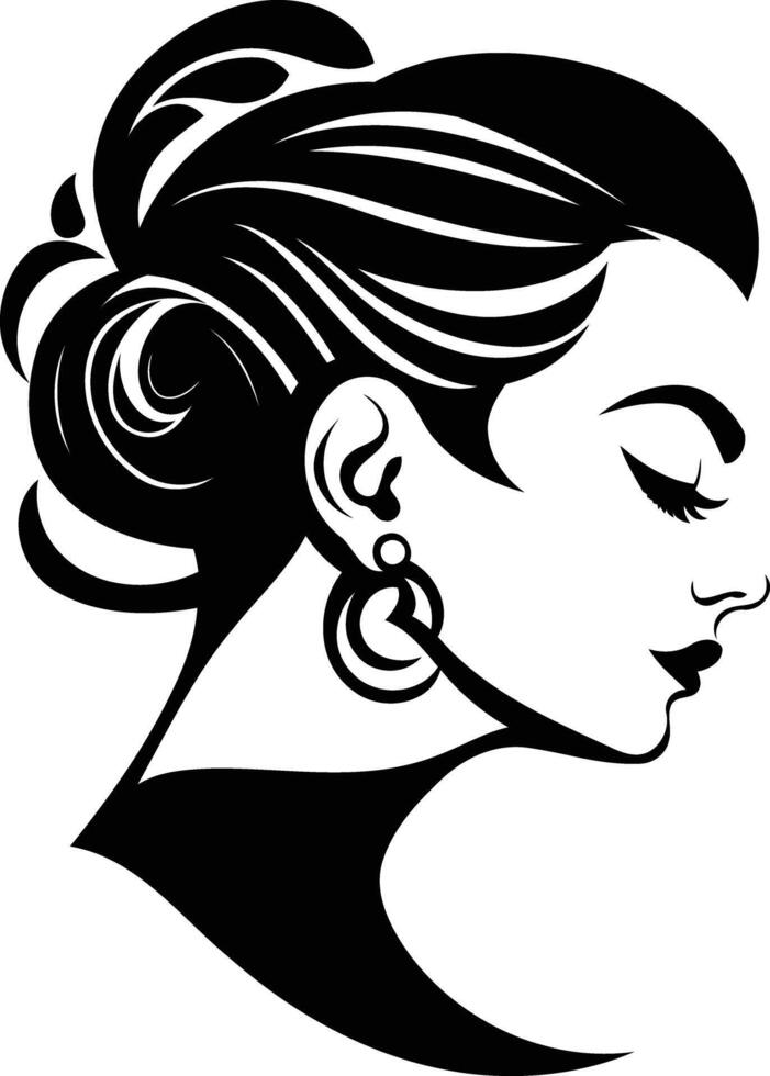 Stylish black and white element illustration of a woman's profile, perfect for beauty, fashion, and design projects vector