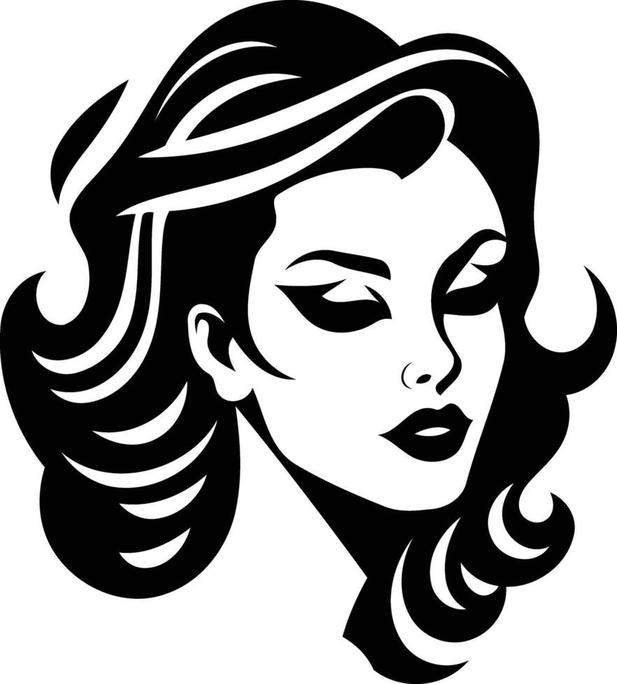 Black and white element illustration of a woman's face with flowing hair vector