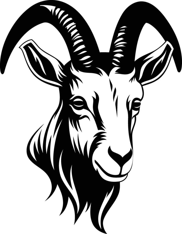 A striking black and white illustration of a goat's head, perfect for tattoo designs, branding, or logo inspiration vector