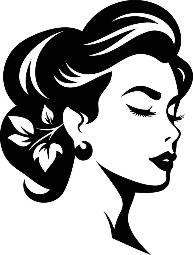 Elegant black and white illustration of a woman with a stylish updo and floral detail behind her ear vector