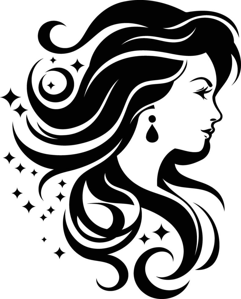 Elegant black and white tattoo design of a woman's profile with flowing hair and intricate details vector