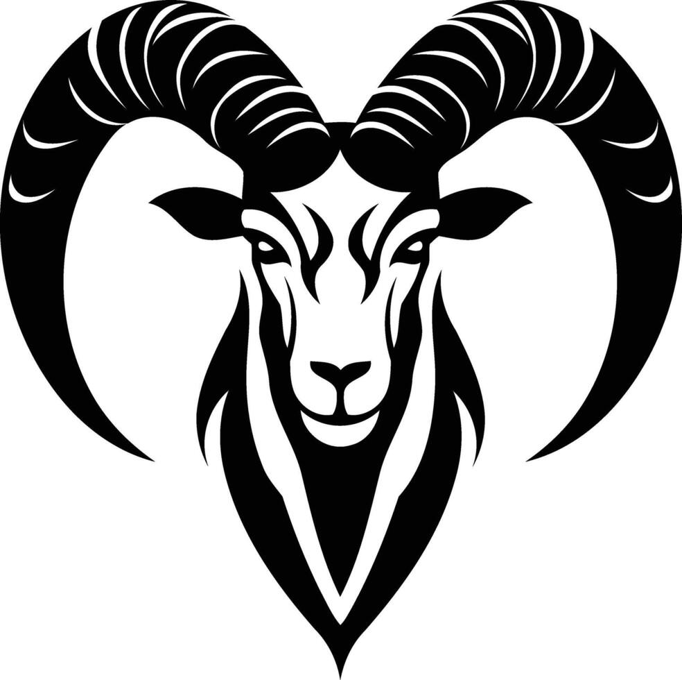 Black and white illustration of a stylized ram's head with horns curved into a heart shape vector