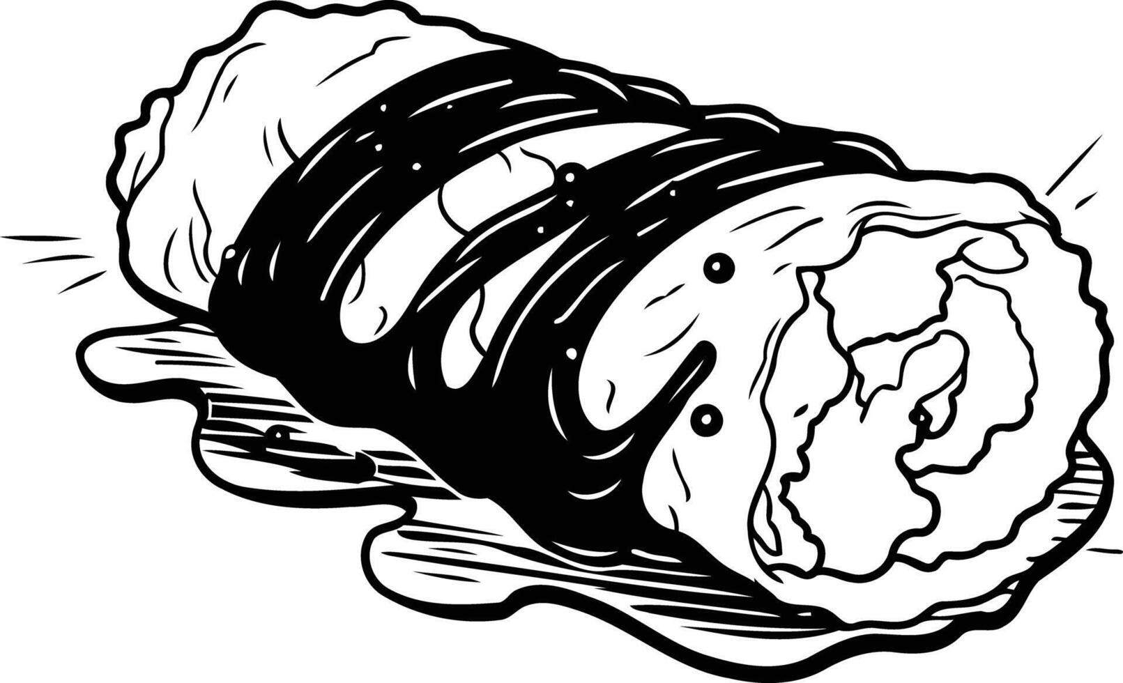 A black and white illustration of a delicious looking burrito with sauce vector