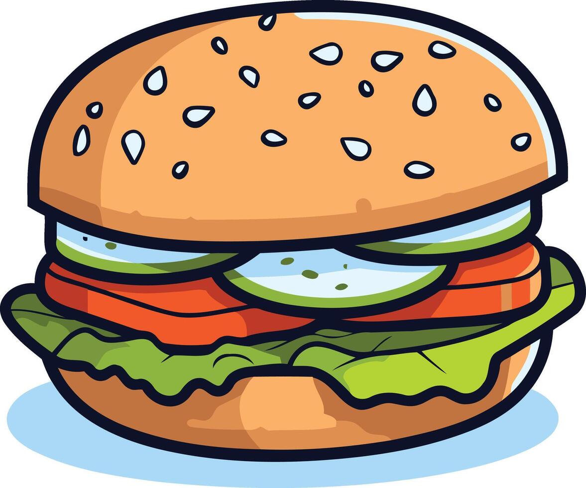 A cheerful cartoon burger with sesame seed bun, juicy tomato, fresh lettuce, and cucumber slices vector