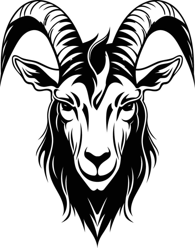 Black and white element illustration of a goat head with large horns, perfect for tattoo designs, logos, and branding vector