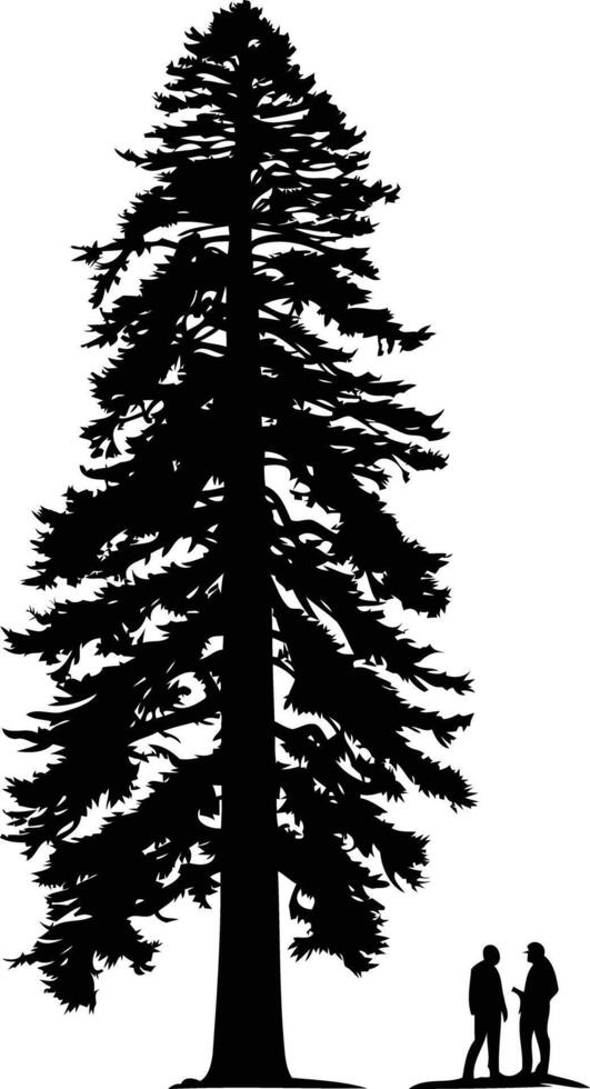 A majestic silhouette of a towering evergreen tree, with two figures standing at its base vector