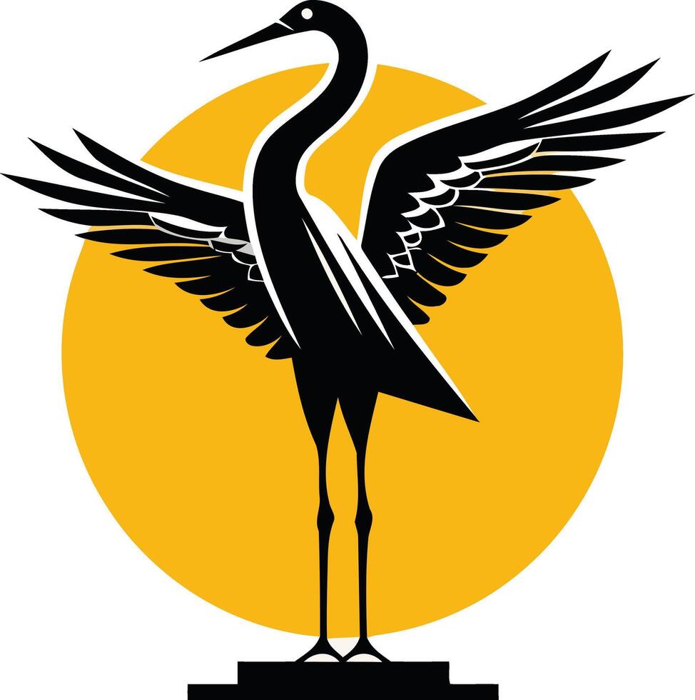 A stylized black crane silhouette with wings spread wide, set against a bright yellow sun vector