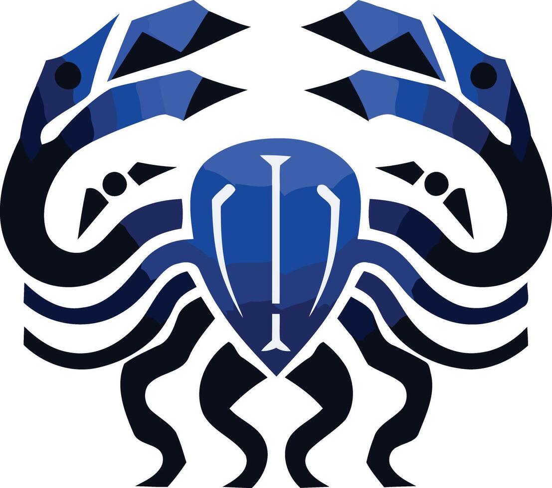A bold, abstract logo design featuring a stylized scorpion in blue and black vector