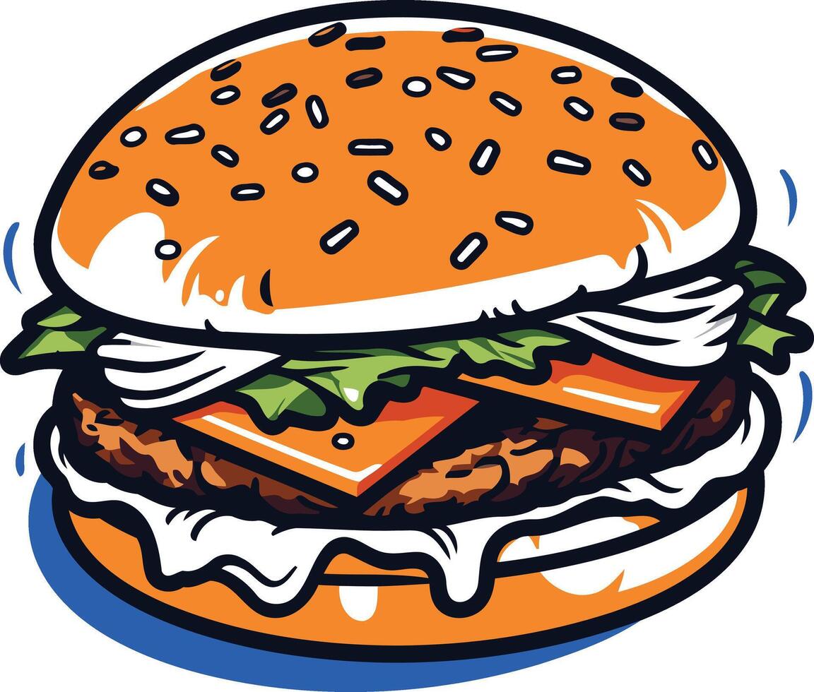 A delicious cartoon burger with a sesame seed bun, melted cheese, lettuce, onion, and a generous dollop of mayo vector