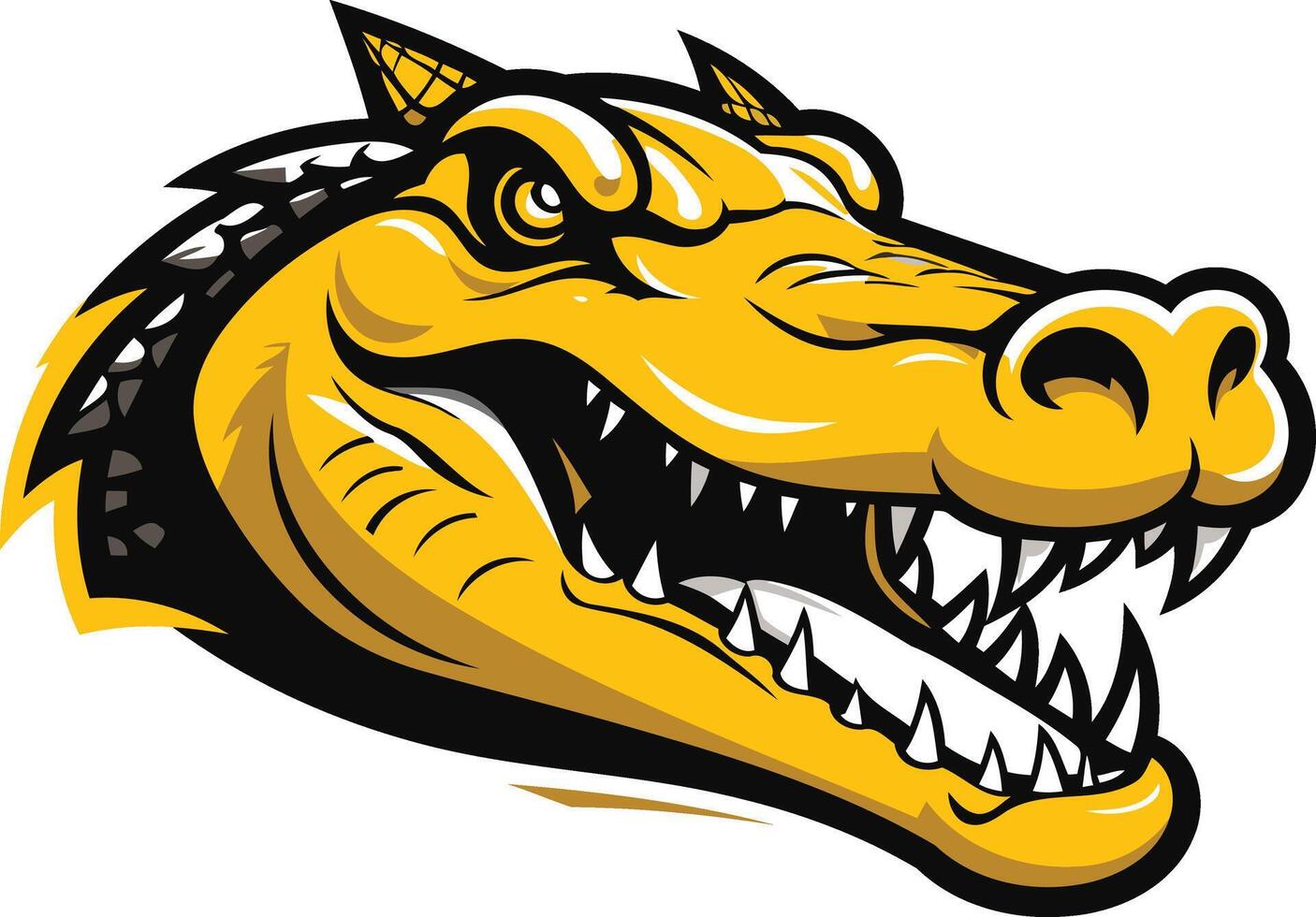 A fierce and powerful alligator head mascot in a yellow and black color scheme vector